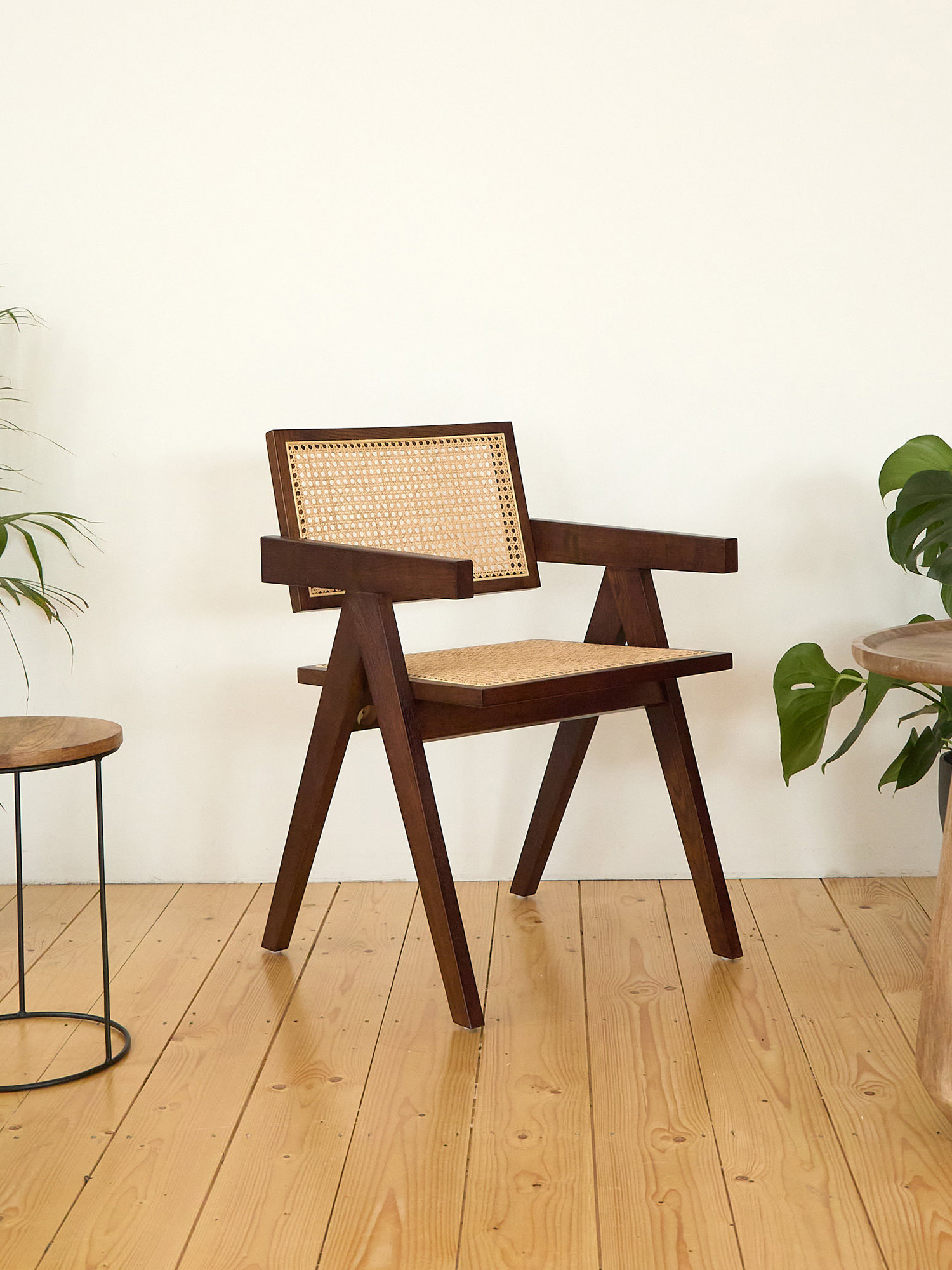 Cane and walnut armchair in daylight